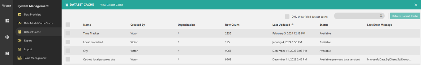 Cached dataset managment area